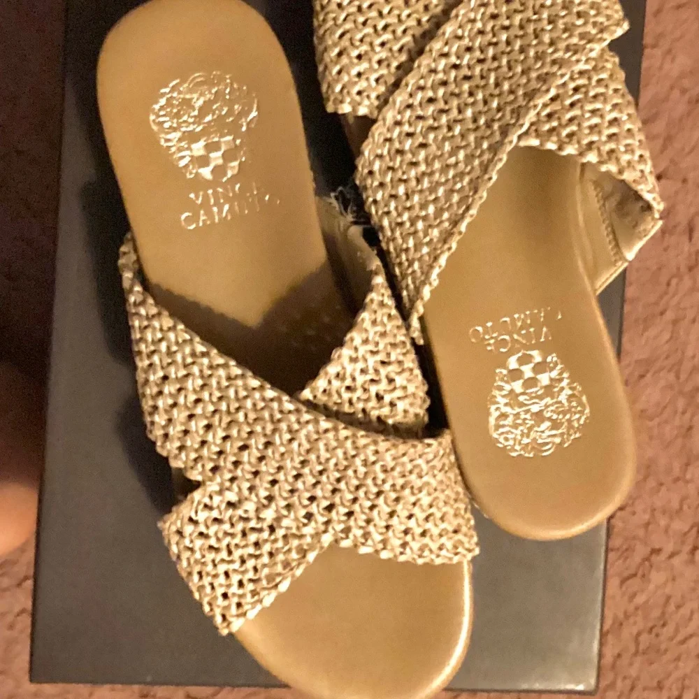 New Vince Camuto Women’s Mule Espadrille Woven Natural Tan Sandal Studded Sz 6.5